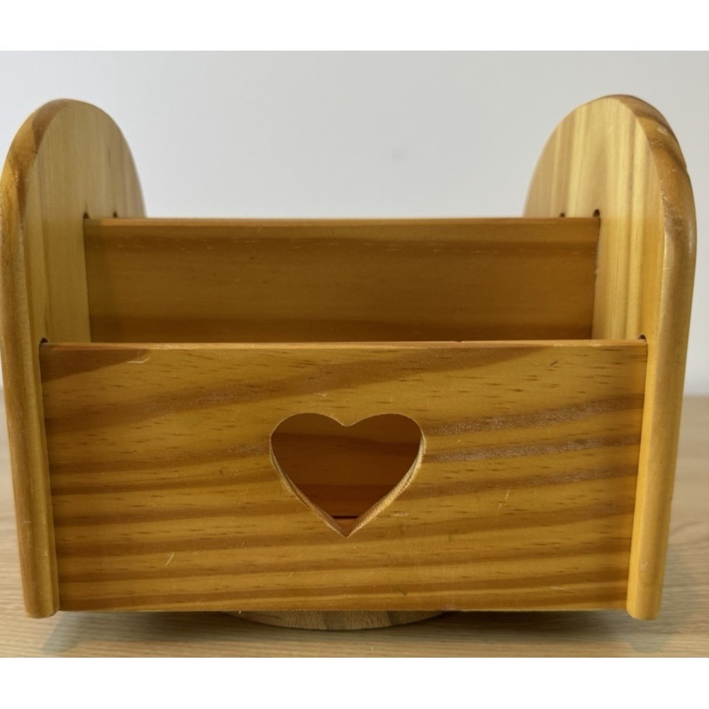 Vintage Wooden Rotating Mail Organizer Heart Cutout Swivel Desk Letter Holder